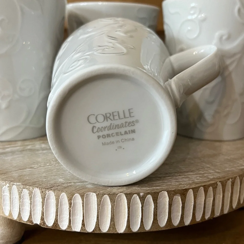 Corning Corelle Coordinates Bella Faenza White Embossed Porcelain Mugs Set of 4 - Picture 4 of 5